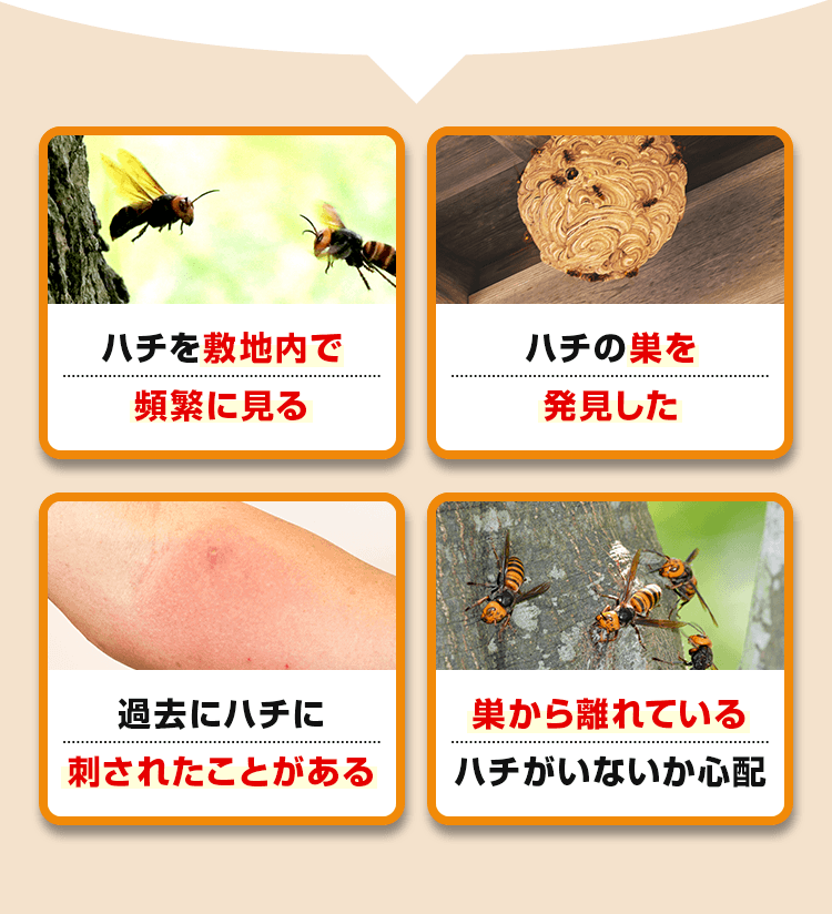 ハチを敷地内で頻繁に見る、ハチの巣を発見した、過去にハチに刺されたことがある…
